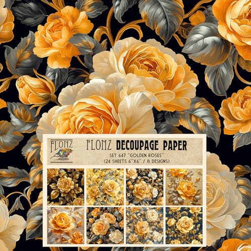 Decoupage-Papierpackung (24 Blatt, 15,2 x 15,2 cm), goldene Rosen: Opulente Vintage-inspirierte Rosenarrangements in tiefgoldenen und metallischen Akzenten auf luxuriösem schwarzem Hintergrund von Flonz