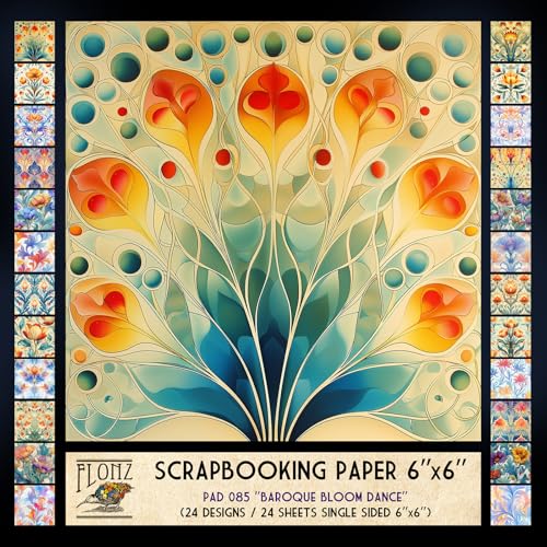 FLONZ Scrapbook-Papier (24 Blatt, 15,2 x 15,2 cm), Barockblütentanz ~ Ornamentale Blumenmuster in heller Pastellpalette mit wirbelnden marmorierten Elementen und klassischer Barockstilisierung von Flonz
