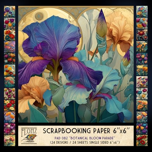 FLONZ Scrapbook-Papier (24 Blatt, 15,2 x 15,2 cm), Botanische Blütenparade, üppige florale Nahaufnahmen in klassischer Maltechnik mit satter Farbmischung und Vintage-Ölgemäldegefühl von Flonz