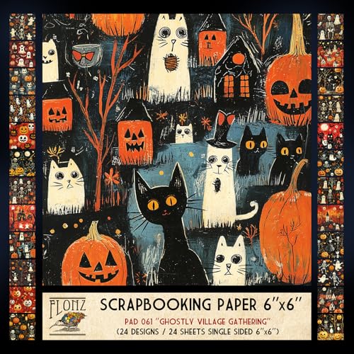 FLONZ Scrapbook-Papier (24 Blatt, 15,2 x 15,2 cm), Geisterdorfsammlung ~ Halloween-Stadtlandschaften mit Geistern und Jack-o'-Laternen in lebendiger digitaler Malerei mit strukturierten Schichten und von Flonz