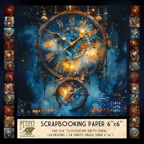 FLONZ Scrapbook-Papier (24 Blatt, 15,2 x 15,2 cm), Uhrwerk-Tiefenspirale, Steampunk-inspirierte mechanische Collagen mit Zahnrädern, Zifferblättern und Zifferblättern in strukturierter digitaler von Flonz