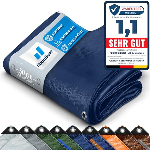Floordirekt Abdeckplane | Gewebeplane Schutzplane Bootsplane Zeltunterlage für Camping & Outdoor Garten wasserdichte Planemit Ösen Verschiedene Größen & Farben 1,5x6m, 9m² 140 g/m², Blau von Floordirekt