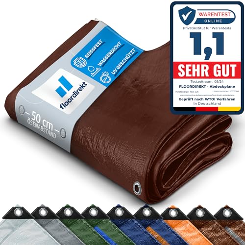 Floordirekt Abdeckplane Gewebeplane Schutzplane Bootsplane Zeltunterlage für Camping & Outdoor Garten wasserdichte Planemit Ösen Viele Größen & Farben 10x12m 120m² 140 g/m², Braun von Floordirekt