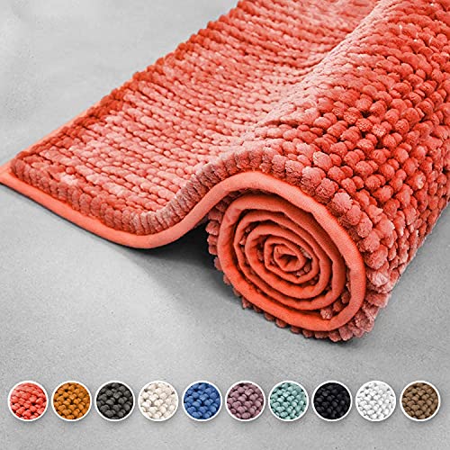 Chenille Badematte Coral - Badezimmerteppich Badvorleger Badteppich - waschbar, rutschfest & flauschig weich - Teppich für Badezimmer - Badematten in modernen Farben (Melon Pink, 50 x 80 cm) von Floordirekt