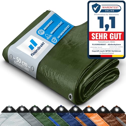 Floordirekt Abdeckplane | Gewebeplane | Schutzplane | Bootsplane | Zeltunterlage für Camping & Outdoor | Garten | wasserdichte Plane mit Ösen Bauplane Viele Größen & Farben 1,5x6m 9m² 240 g/m², Grün von Floordirekt