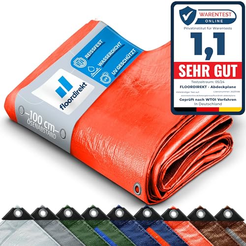 Floordirekt Abdeckplane Gewebeplane Schutzplane Bootsplane Zeltunterlage für Camping & Outdoor Garten wasserdichte Planemit Ösen Viele Größen & Farben 3x5m, 15m² 80 g/m², Orange von Floordirekt