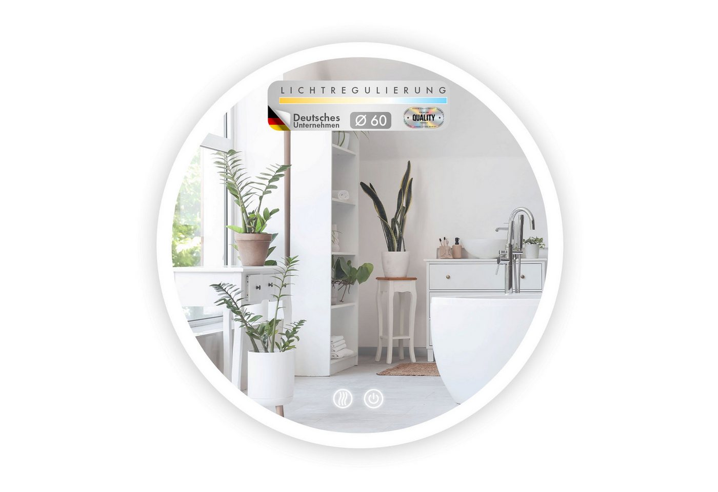 Floordirekt Badspiegel Liora, rundum LED Beleuchtung, Antibeschlag & 3 wählbare Lichtfarben (2 Touch-Schalter, 1-St., 60cm Duchmesser), Stufenlos dimmbare Helligkeit in Warm-, Neutral- & Kaltweiß von Floordirekt