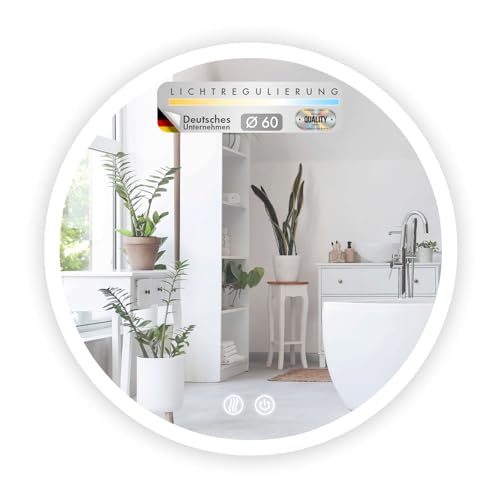 Floordirekt Badspiegel mit Beleuchtung Rund 60 cm, Badezimmerspiegel Wandspiegel, Stufenlos dimmbar per Touch, Liora Weiß von Floordirekt