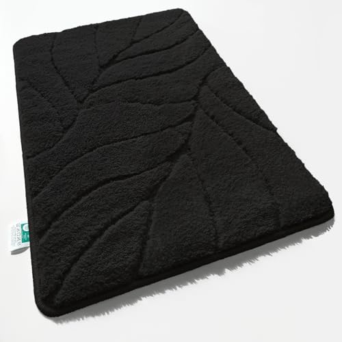 Floordirekt Badteppich - extra flauschig & schnelltrocknend - Badezimmerteppich mit rutschhemmender Rückseite - Badematte Duschvorleger (Maris) (Schwarz, 50 x 80 cm) von Floordirekt