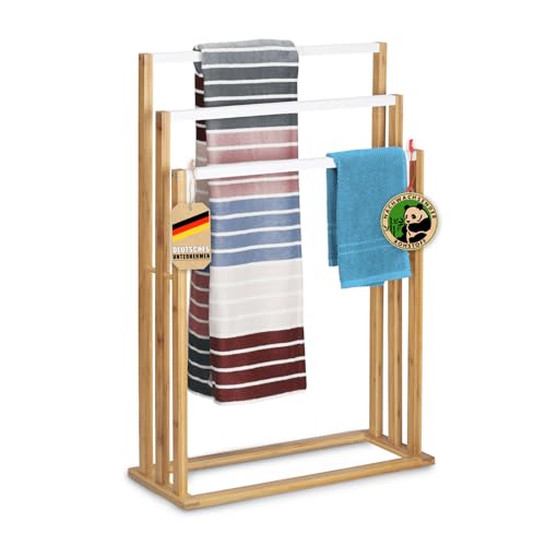 Floordirekt Bambus-Handtuchhalter Kentucky – Eleganter, treppenförmiger, freistehender Handtuchständer mit 3 versetzten Stangen – Moderner Handtuchhalter für Badezimmer und Gäste-WC, 24 x 54 x 82 cm von Floordirekt