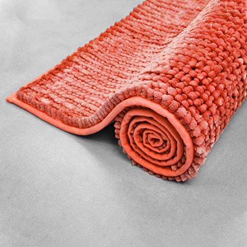 Floordirekt Chenille Badematte Coral - Badezimmerteppich Badvorleger Badteppich - waschbar, rutschfest & flauschig weich - Teppich für Badezimmer - Badematten in modernen Farben (50 cm x 80 cm, Pink) von Floordirekt