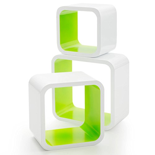 Floordirekt Cube Regal Cambridge | 3-teiliges Wandregal-Set | Hochglanzlackierte Oberfläche | Schwerelos-Effekt durch verdeckte Wandhalterung (Weiß-Grün) von Floordirekt