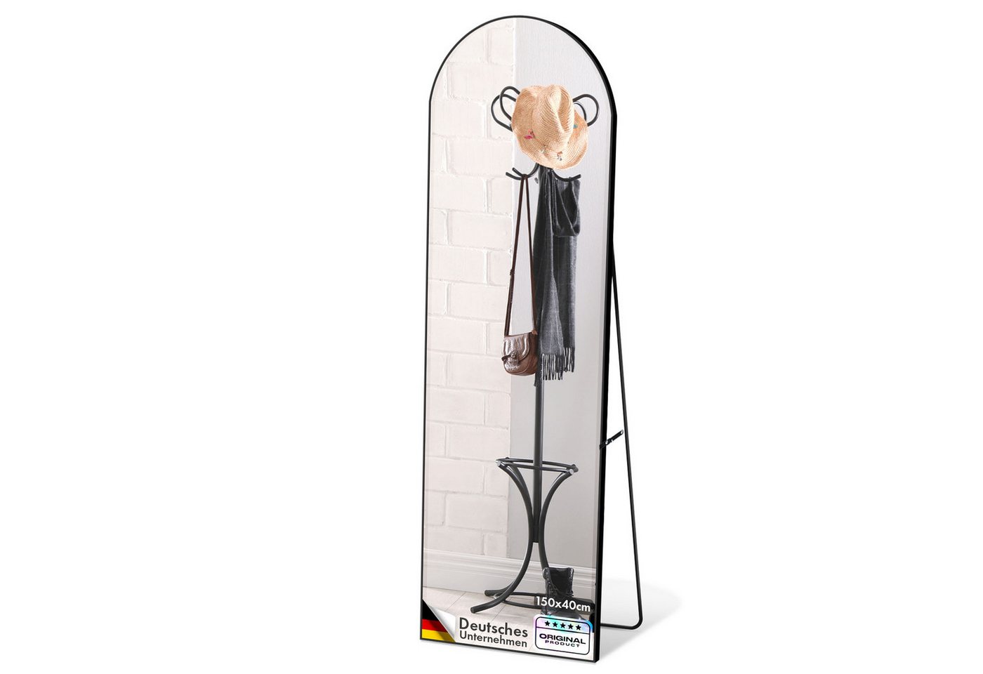 Floordirekt Ganzkörperspiegel Madison (147 x 44 cm, mit Aluminiumrahmen), Anti-Glassplitter-Sicherheitsfolie, mit Standfuß & Bogen, ohne Montage von Floordirekt