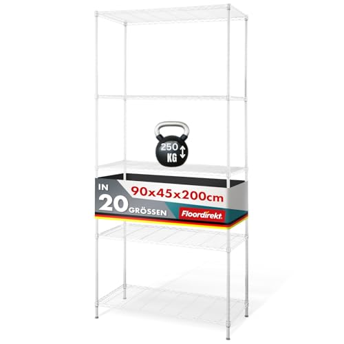 Floordirekt Gitterregal Rocky | Metallregal | Tragkraft ca. 50 kg je Boden | Multifunktionales Ablagesystem | In Zwei Farben und verschiedenen Größen erhaltlich (90 x 45 x 200 cm, Weiß) von Floordirekt