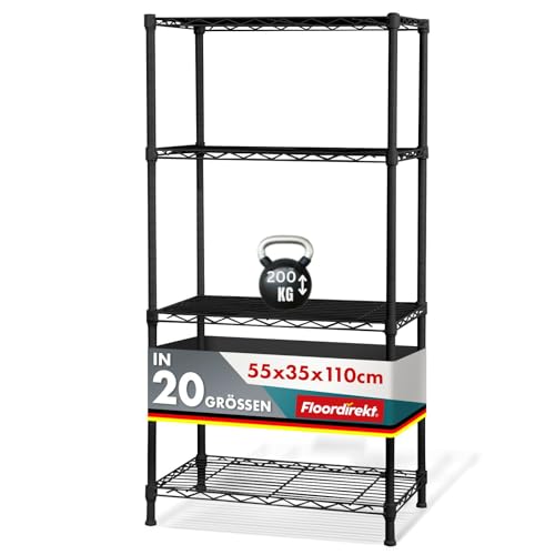 Floordirekt Gitterregal Rocky | Metallregal | Tragkraft ca. 50 kg je Boden | Multifunktionales Ablagesystem | In Zwei Farben und verschiedenen Größen erhaltlich (55 x 35 x 110 cm, Schwarz) von Floordirekt