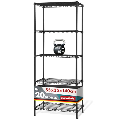 Floordirekt Gitterregal Rocky | Metallregal | Tragkraft ca. 50 kg je Boden | Multifunktionales Ablagesystem | In Zwei Farben und verschiedenen Größen erhaltlich (55 x 35 x 140 cm, Schwarz) von Floordirekt