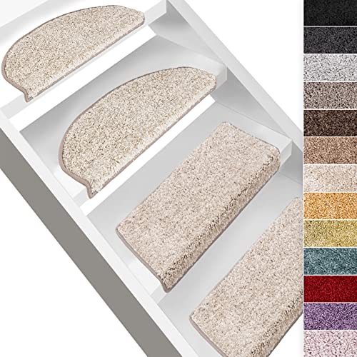 Floordirekt Hochflor-Stufenmatten Bali | Halbrund oder Eckig | Treppenmatten in 11 Farben | Strapazierfähig & pflegeleicht | Stufenteppich für Innen (Creme, Halbrund 56 x 19 cm) von Floordirekt