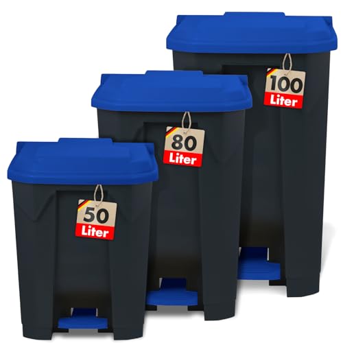 Floordirekt Mülleimer 80 Liter, blauer Deckel, Abfalleimer für Küche und Büro, Mülltrennsystem, Tretmülleimer mit Step-On-Mechanismus, Papierkorb, Mülltonne Olaf von Floordirekt
