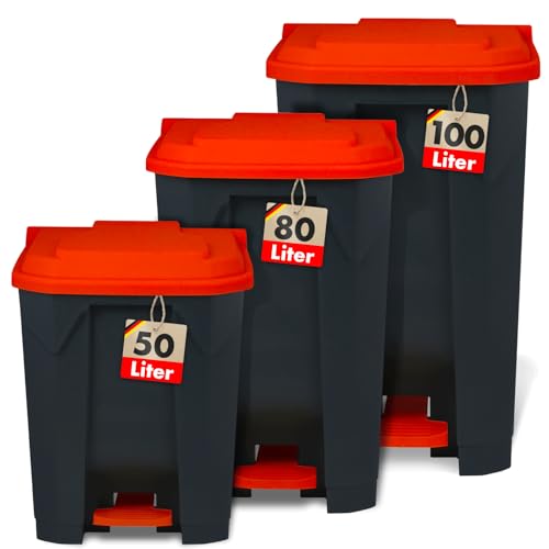 Floordirekt Mülleimer 80 Liter, roter Deckel, Abfalleimer für Küche und Büro, Mülltrennsystem, Tretmülleimer mit Step-On-Mechanismus, Papierkorb, Mülltonne Olaf von Floordirekt