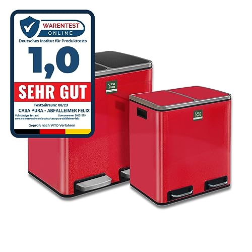 Floordirekt Mülleimer Felix - Abfalleimer mit Schließdämpfer - optimale Mülltrennung - herausnehmbare Behälter mit Henkel (2 x 15 Liter, Rot) von Floordirekt