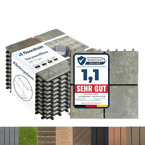 Floordirekt Naturstein Schiefer Fliesen 30x30 cm, 1m² = 11 Terrassenfliesen, Klickfliesen, Balkonfliesen - Bodenbelag für Balkon & Terrasse - wetterfest mit Drainagefunktion | rostiger Schiefer von Floordirekt