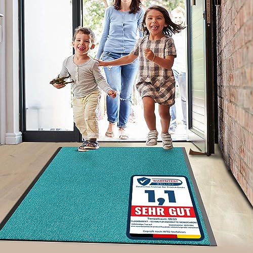 Floordirekt Schmutzfangmatte Monochrom | viele Größen, viele Farben | Länge auf Maß | rutschfeste waschbare Fußmatte (Türkis, 90 x 100 cm) von Floordirekt