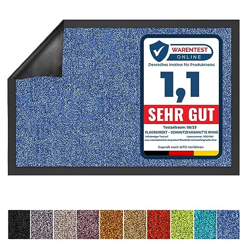 Floordirekt Schmutzfangmatte Rhine - waschbare & leistungsstarke Fußmatte - Sauberlaufmatte mit Rutschfester Rückseite - Türmatte für den Eingangsbereich (Blau, 90 cm x 120 cm) von Floordirekt