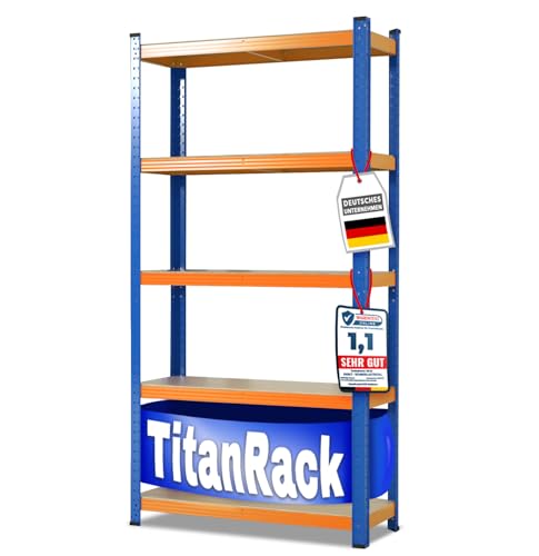 Floordirekt- Schwerlastregal - | 6 Farben| - Kellerregal, Lagerregal, Regal mit Stahlgestell,bis 875 kg belastbar, 5 verstellbare Ablagen (220x120x45 cm, Blau-Orange) von Floordirekt