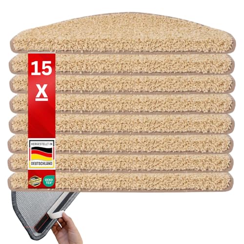 Floordirekt Shaggy-Stufenmatten Barcelona - 15er Set - Treppenmatten in 16 Farben, Strapazierfähig & pflegeleicht, Stufenteppich für Innen (Beige, Halbrund 65 x 23,5 cm) von Floordirekt