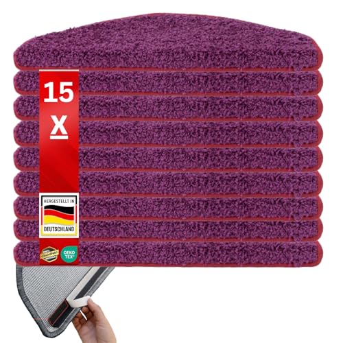 Floordirekt Shaggy-Stufenmatten Barcelona - 15er Set - Treppenmatten in 16 Farben, Strapazierfähig & pflegeleicht, Stufenteppich für Innen (Berry, Halbrund 65 x 23,5 cm) von Floordirekt