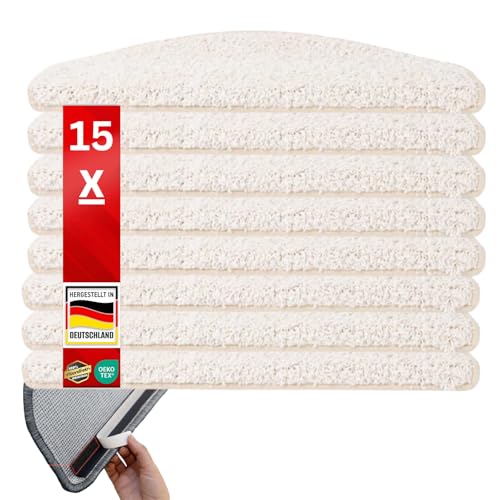Floordirekt Shaggy-Stufenmatten Barcelona - 15er Set - Treppenmatten in 16 Farben, Strapazierfähig & pflegeleicht, Stufenteppich für Innen (Creme, Halbrund 65 x 23,5 cm) von Floordirekt