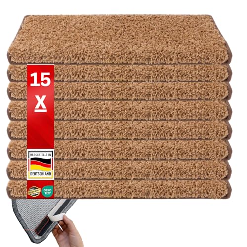 Floordirekt Shaggy-Stufenmatten Barcelona - 15er Set - Treppenmatten in 16 Farben, Strapazierfähig & pflegeleicht, Stufenteppich für Innen (Hellbraun, Rechteckig 65 x 23,5 cm) von Floordirekt