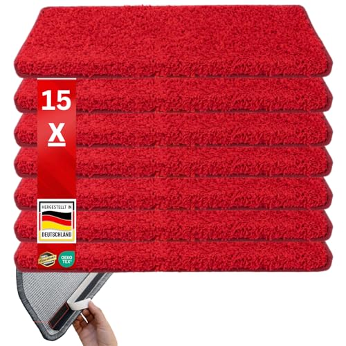 Floordirekt Shaggy-Stufenmatten Barcelona - 15er Set - Treppenmatten in 16 Farben, Strapazierfähig & pflegeleicht, Stufenteppich für Innen (Rot, Rechteckig 65 x 23,5 cm) von Floordirekt