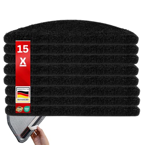 Floordirekt Shaggy-Stufenmatten Barcelona - 15er Set - Treppenmatten in 16 Farben, Strapazierfähig & pflegeleicht, Stufenteppich für Innen (Schwarz, Halbrund 65 x 23,5 cm) von Floordirekt