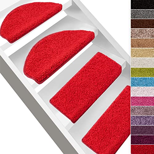 Floordirekt Shaggy Stufenmatten Sphinx | Halbrund oder Eckig | Treppenmatten in 13 Farben | Strapazierfähig & pflegeleicht | Hochflor-Stufenteppich in Kräusel-Optik (Halbrund 65 x 23,5 cm, Rot) von Floordirekt
