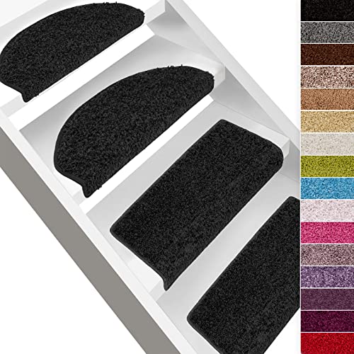 Floordirekt Shaggy Stufenmatten Sphinx | Halbrund oder Eckig | Treppenmatten in 13 Farben | Strapazierfähig & pflegeleicht | Hochflor-Stufenteppich in Kräusel-Optik (Halbrund 65 x 23,5 cm, Schwarz) von Floordirekt
