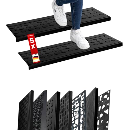 Floordirekt - Stufenmatte aus Gummi | 5er Set | Selbstklebend - Rutschhemmende Treppenstufen Matten - Gummistufenmatte für Außen - Antirutschmatten - 15 Modelle (Coin XL) 25 x 75cm von Floordirekt