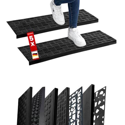 Floordirekt - Stufenmatte aus Gummi 5er Set - Selbstklebend - Rutschhemmende Treppenstufen Matten - Gummistufenmatte für Außen - Antirutschmatten -15 Modelle (Madras XL) 25 x 75 cm von Floordirekt