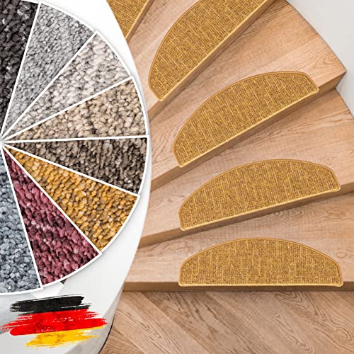 Floordirekt Stufenmatten Alto - Halbrund oder Eckig - Treppenmatten in 8 Farben - Strapazierfähig & pflegeleicht - Stufenteppich für Innen (Gelb, Halbrund 65 x 23,5 cm) von Floordirekt