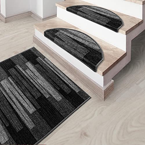 Floordirekt Stufenmatten Via Veneto mit Pinselstrich Design 1 Stück Treppen-Teppich | 65 x 23,5cm, halbrund, sauber eingekettelt, Starke Befestigung, stabile Winkelschiene/Farbe Schwarz von Floordirekt