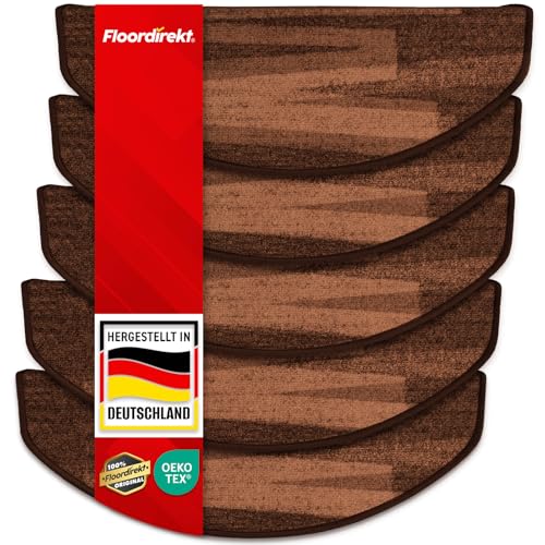 Floordirekt Stufenmatten Via Veneto mit Pinselstrich Design 15 Stück Spar Set Treppen-Teppich | 65 x 23,5cm, halbrund, sauber eingekettelt, Starke Befestigung, stabile Winkelschiene/Farbe Braun von Floordirekt