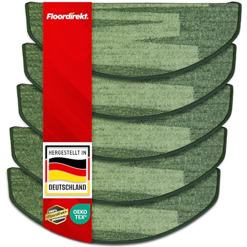 Floordirekt Stufenmatten Via Veneto mit Pinselstrich Design 15 Stück Spar Set Treppen-Teppich | 65 x 23,5cm, halbrund, sauber eingekettelt, Starke Befestigung, stabile Winkelschiene/Farbe Grün von Floordirekt