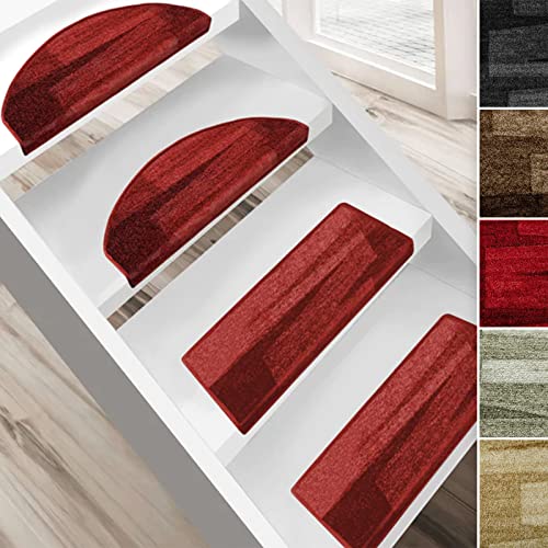 Floordirekt Stufenmatten Via Veneto mit Pinselstrich Design 15 Stück Treppen-Teppich | 65 x 23,5cm, halbrund, sauber eingekettelt, Starke Befestigung, stabile Winkelschiene/Farbe Rot von Floordirekt