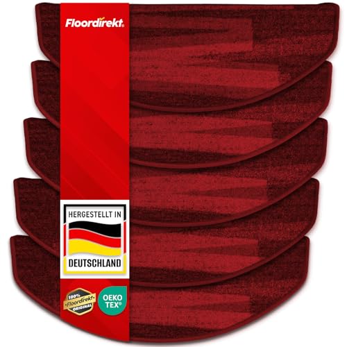 Floordirekt Stufenmatten Via Veneto mit Pinselstrich Design 15 Stück Treppen-Teppich | 65 x 23,5cm, halbrund, sauber eingekettelt, Starke Befestigung, stabile Winkelschiene/Farbe Rot von Floordirekt