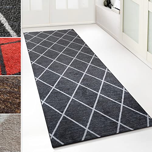 Floordirekt Teppich-Läufer Cosenza | Modernes Rauten-Design | Hochwertige Verarbeitung | Rutschhemmender Gelrücken | Erhältlich in 4 Farben & vielen Größen (80 x 1000 cm, Schwarz) von Floordirekt