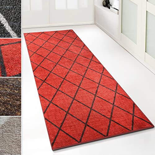 Floordirekt Teppich-Läufer Cosenza | Modernes Rauten-Design | Hochwertige Verarbeitung | Rutschhemmender Gelrücken | Erhältlich in 5 Farben & vielen Größen (80 x 300 cm, Rot) von Floordirekt