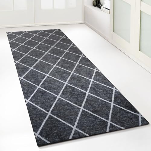 Floordirekt Teppich-Läufer Cosenza | Modernes Rauten-Design | Hochwertige Verarbeitung | Rutschhemmender Gelrücken | Erhältlich in 5 Farben & vielen Größen (80 x 300 cm, Schwarz) von Floordirekt