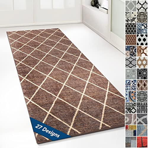 Floordirekt Teppichläufer mit Muster - maßgefertigter Feinschlingen Teppich Läufer für Küche, Flur & Wohnraum - Ornament Vintage Orient Gitter (80 x 300 cm, Cosenza Braun) von Floordirekt