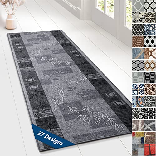 Floordirekt Teppichläufer mit Muster - maßgefertigter Feinschlingen Teppich Läufer für Küche, Flur & Wohnraum - Ornament Vintage Orient Gitter (80 x 800 cm, Akzent Grau) von Floordirekt