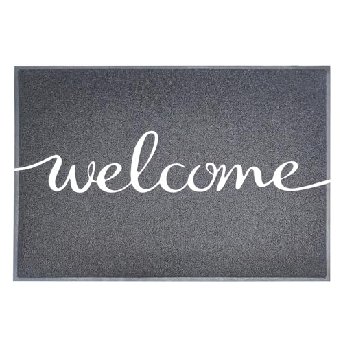 Floordirekt Welcome Fußmatte - Schmutzfangmatte, Türmatte mit Aufdruck - Fußabtreter, Sauberlaufmatte, Türvorleger, Fussmatte innen, Vinyl Spaghettimatte (Welcome - Grau, 90 x 120 cm) von Floordirekt